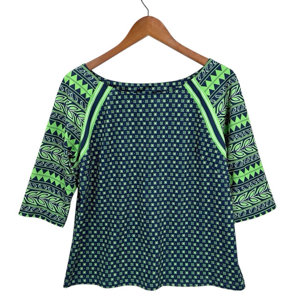 GRETCHEN SCOTT Top Blouse Kanga Printed 3/4 Sleeve Boat Neck Shirt